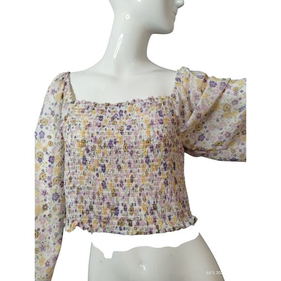 Love Tree Women's Size Large Floral Crop  Smocked Square Neck Summer Boho Top - Picture 5 of 12